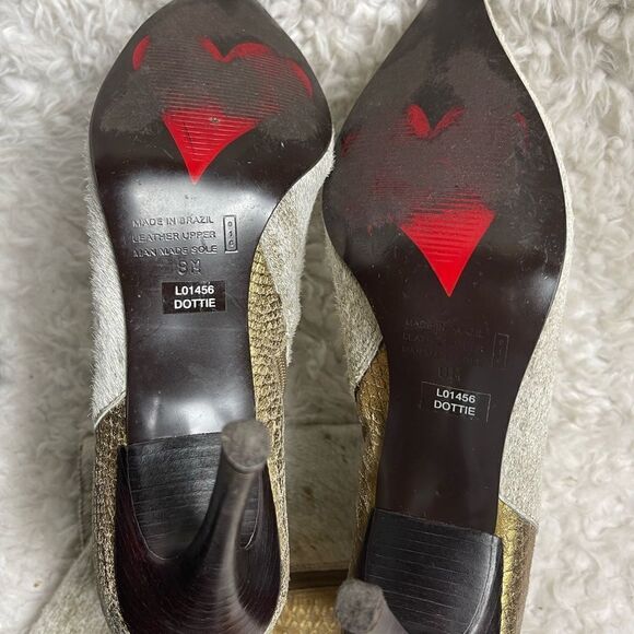 Leather Calf hair beige&gold snake skin pointed toe knee high heels boot… - Picture 11 of 14